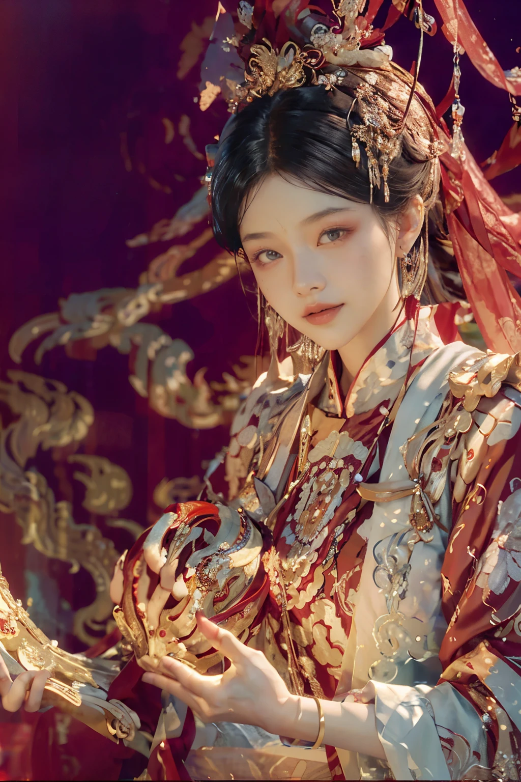A beautiful and charming Chinese lady gracefully flies in the air, surrounded by a luxurious palace decorated with supple, lustrous red and golden silk fibers. The intricate patterns of the silk resemble an abstract background with bends, in the style of violet and blue. With a resolution of 32k UHD and an appreciation for abstract minimalism, the intellectually stimulated scene is brought to life through fluid lines and curves, rendered in high-definition with realistic hyper-detail. The soft light sky-blue and warm light bronze hues create a high-key lighting effect, illuminating every intricate detail of the lady and the abstract shadows cast by the silk. Captured with the precision of an Ab