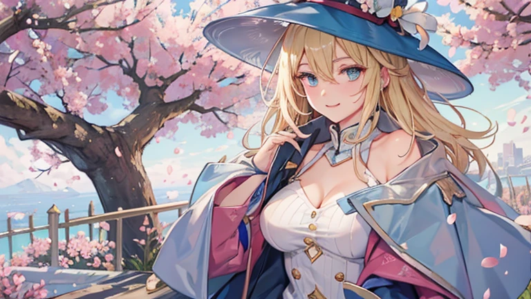 Long blonde,blue coat,Big Breasts,Open chest,Thighs,Shoulder baring,White fluffy on the edge of the coat,woman,Shorts,Fishnet tights,Frog hat,fort,Outdoor,cherry blossoms,magic