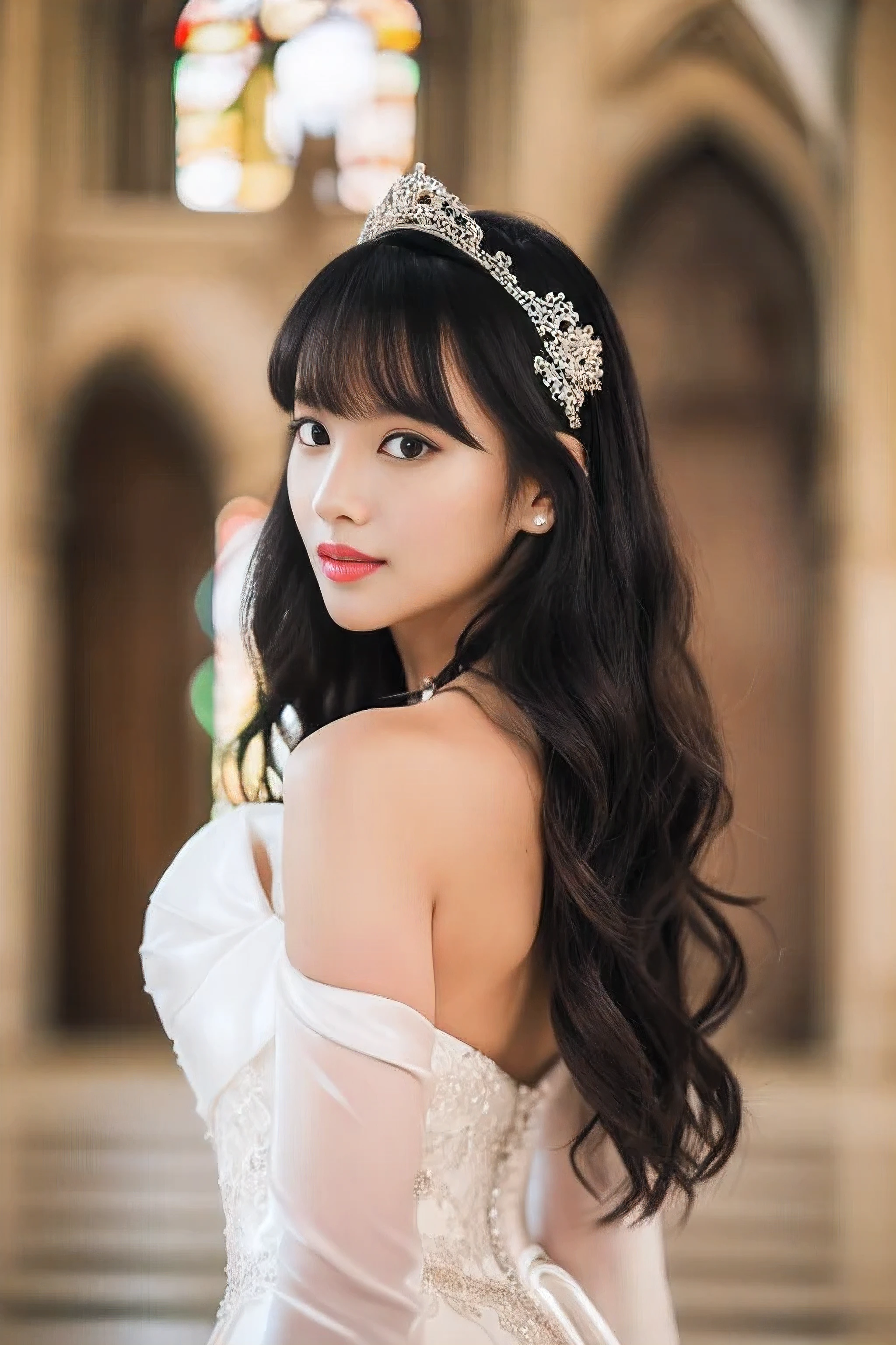 ((highest quality)), ((masterpiece)), (familiar)　(Get used to it)　(Turn your whole body to the viewer:2.0)　(Perfect Face　Her face is slim and dignified.., length, Narrow eyes..々A solo photo of the 24-year-old, most attractive woman in Japan with a beautiful face)　(Gaze shyly at the viewer)　(The bangs are very neatly trimmed in an asymmetrical hime cut.)　((Her deep black hair is incredibly voluminous and beautifully straight.:2.0 and very shiny and very hairy and silky、Absurdly Extreme Long Hair Down to Her Ass in Black:1.3　Very thick, deep black, thin hair. Extremely long hair.:1.3 Hair and, And Absurdly Extremely Long Hair:1.3 Black hair))　(Her skin is a typical Japanese skin color...、Very detailed)　　(big breasts)　(She has a beautiful face with a slender figure., Narrow eyes.)　　(She has perfect elegant makeup　Lipstick is light red　Solid black eyeliner)　((Rich 1.4))　(Extremely detailed 8K)　(Stable Diffusion Model)　(Ultra-fine skin texture 1.4)　(Actual, Vibrant:1.4), double eyelid　Sharp focus:1.2、Beautiful woman:1.4　Dynamic Lighting　(Genuine RAW photos taken by professional photographers using SLR cameras:1.5)　　Professionally lit from the front　((This is outside the church on a sunny day.　bride in white Wedding dress and gloves standing in front of mirror, dressed beautiful gown, Wedding dress, wearing organza gown, wearing a Wedding dress, Wear a voile dress, white gown, white regal gown, gown, beautiful gown, beautiful Wedding dress, Tulle and lace, white!!, beautiful and elegant, white gloves, ground!, white royal dress, white satin gloves))　(She&#39;s the perfect tiara)　(Random gravure idol standing poses)