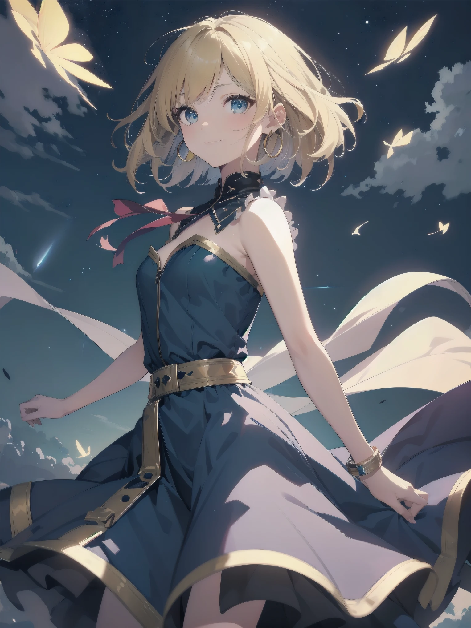 Masterpiece, Top Quality, High Resolution, Super Dimensional Face, Cute Eyes, Very Beautiful Girl in Long Blue Dress Anime Character, One Beautiful Girl, Long Dress, Solo, Blue Dress, (Bob-cut Hair:1.1), Amber Eyes, Gazing, Blonde Hair, ((Hair Fluttering in Wind)), , Medium Chest, Hoop Earrings, Fluttering hair, Night sky, Meteor shower, Fantastic, Phantom moon, Light smile, Dynamic, Fantasy, Otherworldly, Mysterious place
