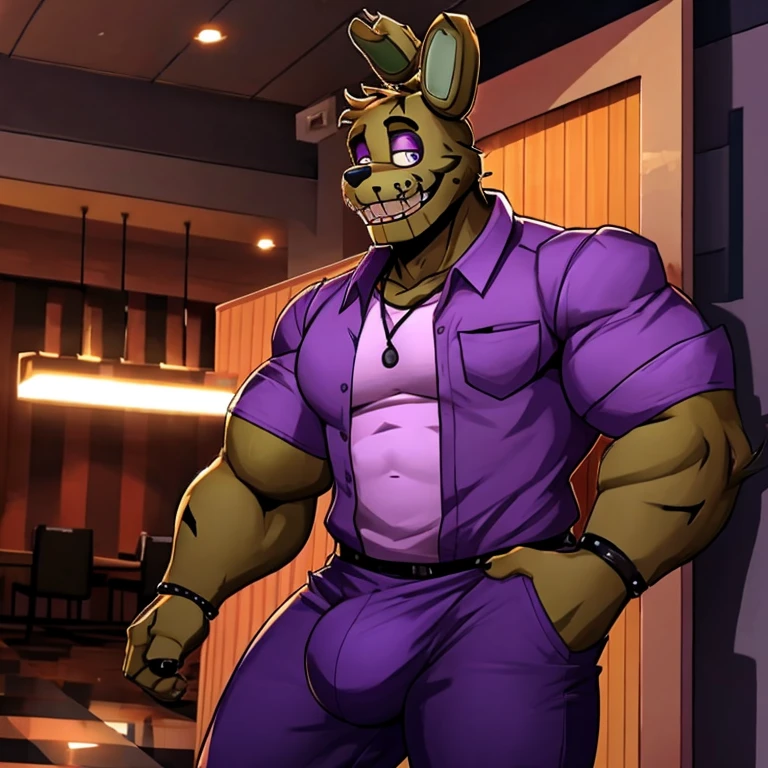 Springtrap FNAF / Five Nights at Freddy's, best quality, handsome, Smiling, mouth open, holding glassess, cool pose, purple casual shirt, purple casual pants, muscular, large bulge in casual pants