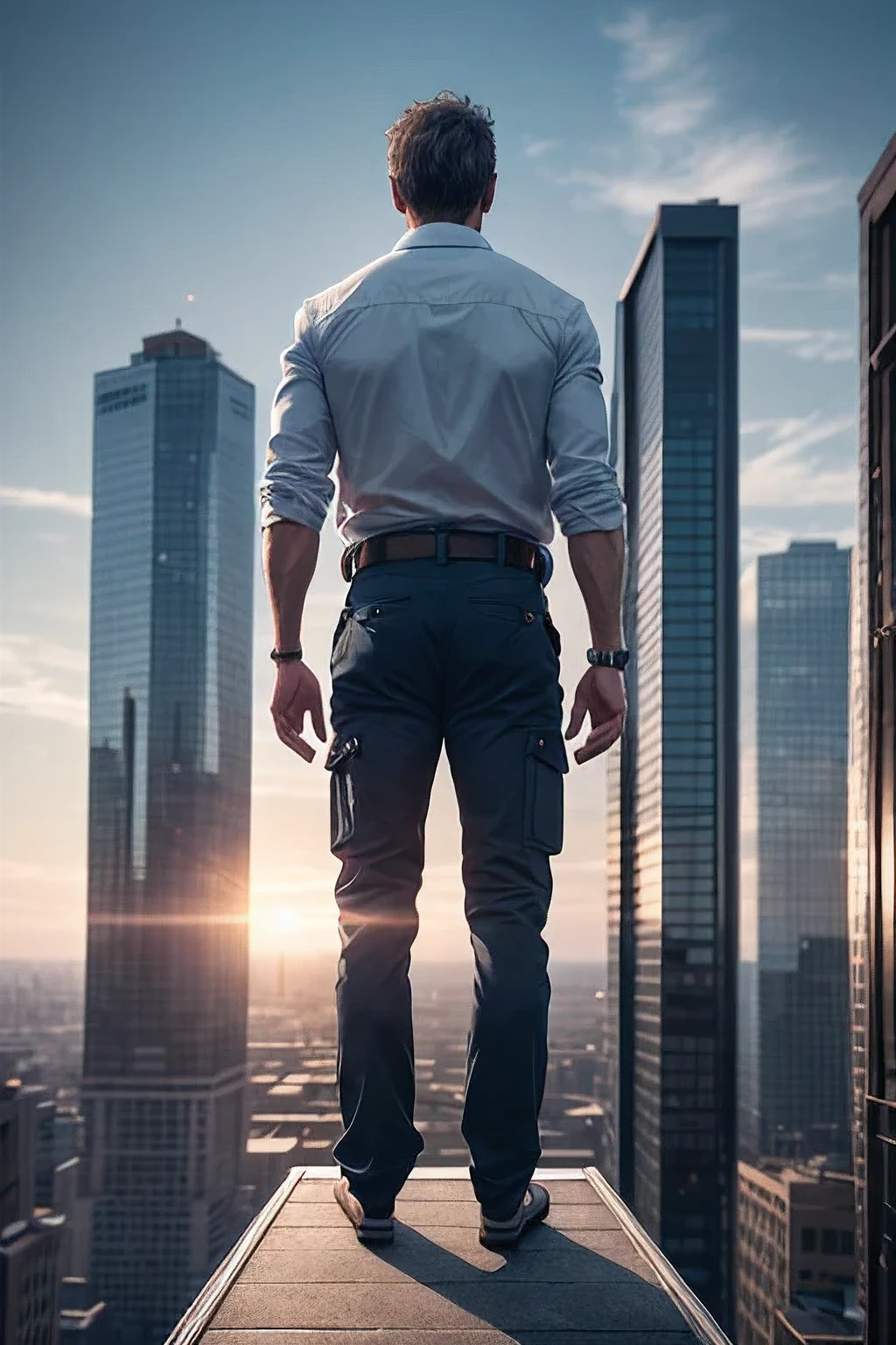 best quality, 8k, high resolution, ultra-detailed, extremely detailed, top quality, realistic, A man standing at the very edge of the roof of a high-rise building, on the verge of jumping off,