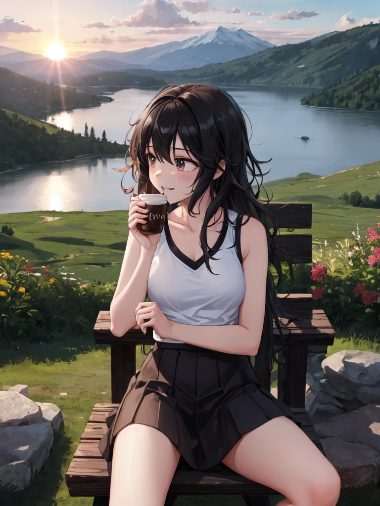 (looking away:1.2),(masterpiece:1.2), (best quality),(ultra detailed),(extremely detailed),(absolutely resolution) ,absurdres,8k, 1girl-drinking-hot-coffee-in-cafeteria-outdoor,sitting-on-the-woody-chair, grin, sunset, from the middle of a mountain, cake, beautiful-landscape-background, mountain, shinny-lake, flowers, windy,
BREAK, ultra detailed eyes, long hair, messy hair, (gradation hair:1.2), tanktops, skirt,
