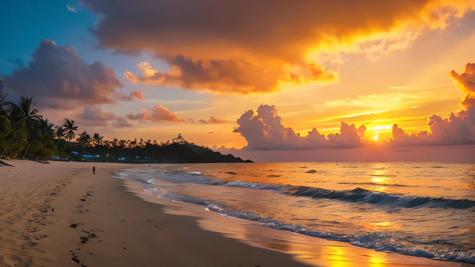 Beautiful sunset, orange tinted sky, the sunset on the beach of Seychelles Island, the most beautiful scenery in the world, no clouds.