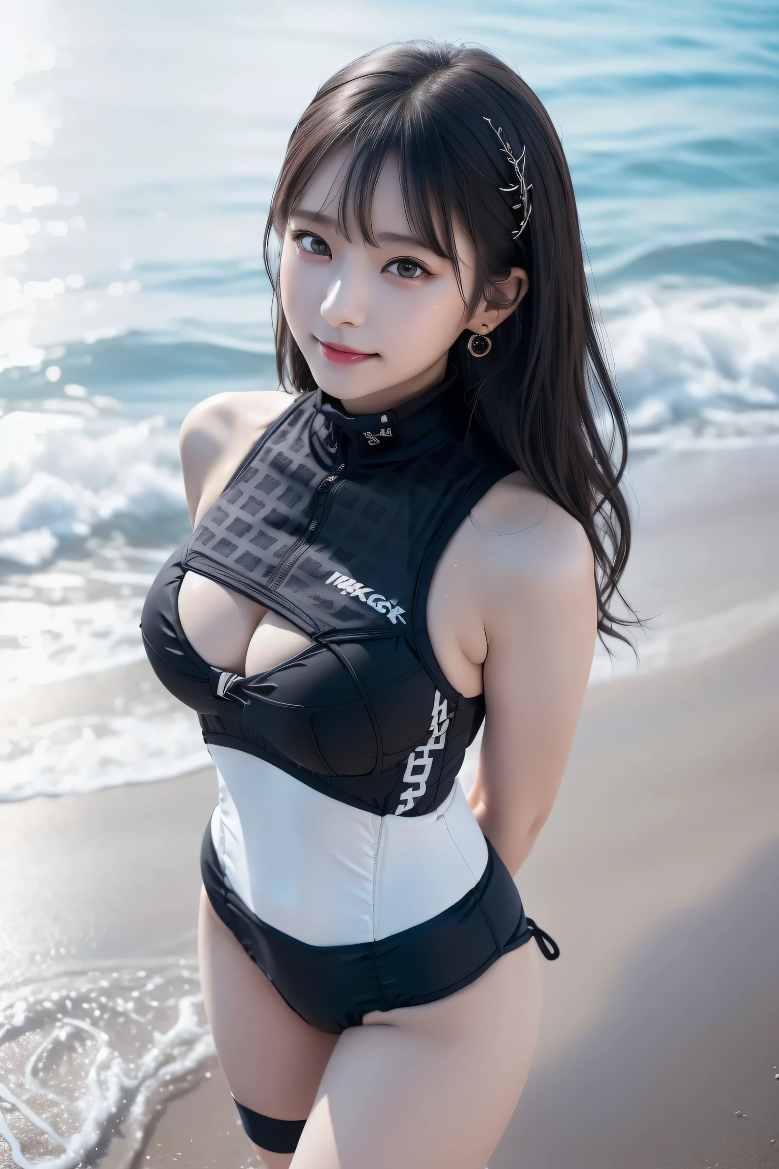 (masterpiece:1.3), High resolution, Super detailed, Highly detailed CG Unity 8k wallpaper, Realistic, photo-Realistic, RAW Photos, Beautifully detailed face, 青White skin, Realistic glistening skin, Detailed cloth texture, Detailed hair texture, Perfect body, Beautiful Face, Accurate, Anatomically correct, Highly detailed face and skin texture, Natural neck length, (Beautiful Hands), (Fair skin:1.2), Thin legs, Thin legs, Sexy thighs, Small face, break, Fine grain, Symmetrical eyes, Light brown eyes, double eyelid, Thin eyebrows, (glossy lips:1.4), (Cute smile:1.2), (blush:1.1), 7 head perfect styles, break, ((1 girl:1.3, 19 years old:1.3)), (((Sports swimwear)Wearing(High neck, Black, Cool Pattern, Very tough):1.3)), (big breasts:1.3), (Accentuated breasts:1.2, Hard chest, Shapely breasts, Slim figure:1.1), Toned Abs, (Layered Hairstyles, Dark brown hair, Wavy Hair, Medium Long Hair):1.2, break, ((Standing in the sea with one's arms behind one's back:1.4)), ((At a Japanese Self-Defense Force base:1.2)), (Upper Body Shot:1.2), (From below:1.2), break (Maid ,racing model), break (Swedish Pornstars),((Swedish girls,White skin,White)), break (Improve:1.1),,(Glamour:1. 3),(night),(Japan Pornstars),Beautiful and slim woman photo (Supermodel:1.3),,((Upturned eyes)),((Angle From above:1.3)),From above、looking at the camera, break (Earrings, and ring:1.2),