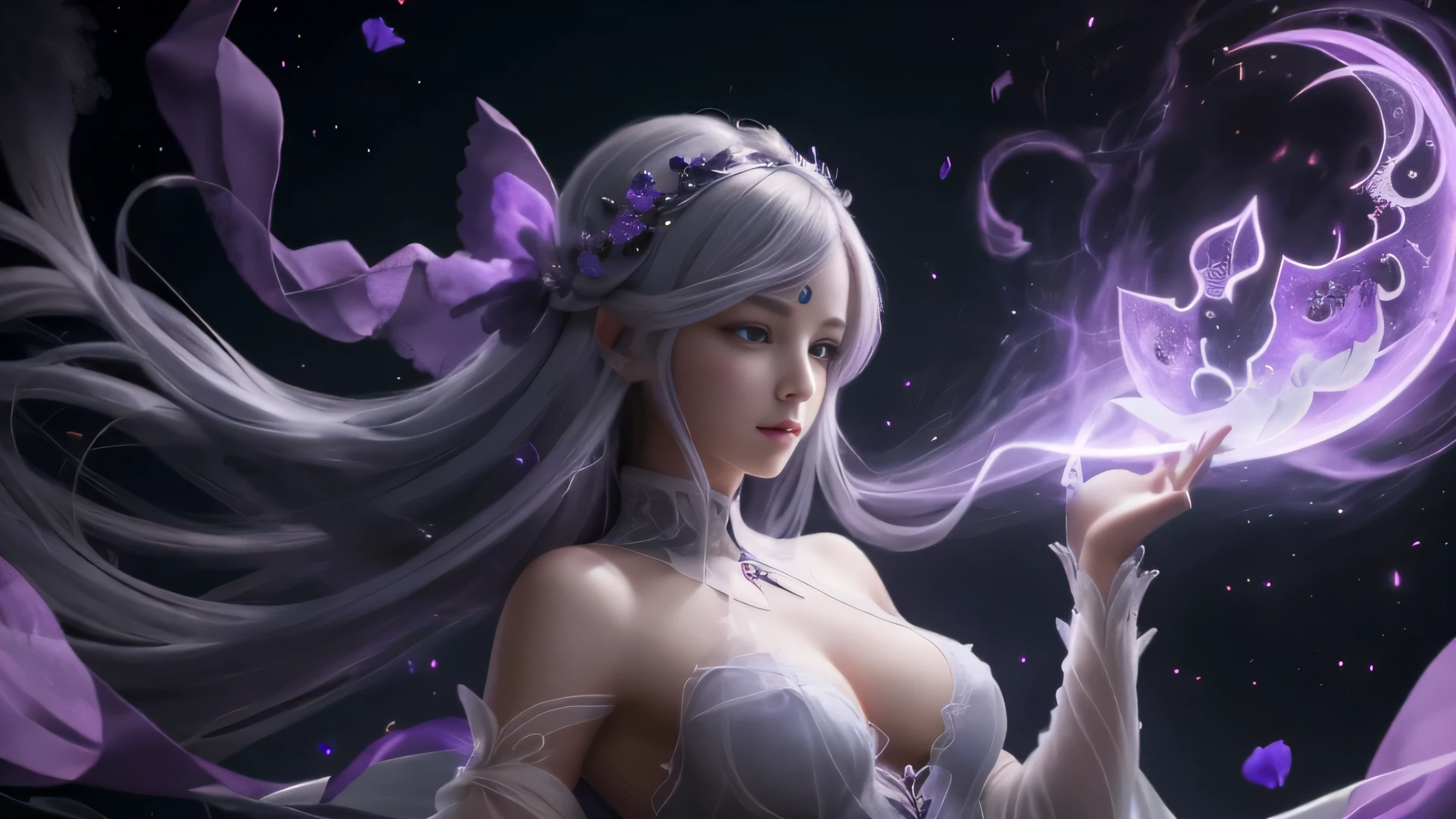 there is a full size siluette, transparent figure of the naked dark shadow ghost of a beautiful silver hair women with purple shining eyes and beautiful face dressed only in thin vail stand in the middle of the fields filled with purple poppies inviting someone by reacing her graceful hand, dark crescent moon shine behind her, illustration, high quality realistic anime art, beautiful spectral women,transparent ghost girl with cute face, purple aura around the ghost body, Lot of ilusorik batterflys fly around the women, full size body, realistic high quality face, high quality seductine face expression, 4k best quality, masterpiece, best quality 4k wallpapers