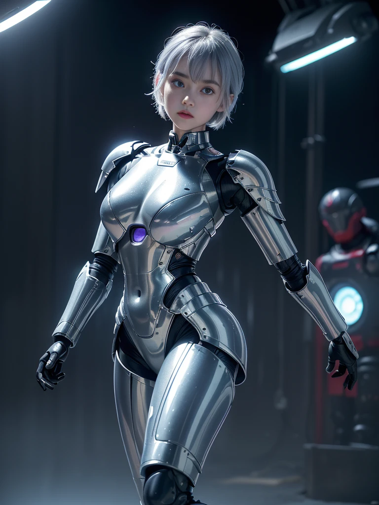 the best ever、8K,(((full body Esbian)))、(((The sheen)))、(((metalic)))、(((Very shiny、Very hard polished iron armor)))、(((cyberpunked)))、The cute beauty of the mecha(Best Quality, Detailed details, masutepiece, , 8K, Chiaroscuro,Great in good shape、Bust photos are ultra-realistic and realistic, Highly detailed Hasselblad RAW shooting )、(((Beautiful and shining natural eyes)))、(((Human skin type)))、(((Highly photorealistic human beings)))、(perfectly round eyes)、(((The details of the iris of the pupil are very amazing)))、(((Shining eyes)))、accurate fingers、Limbs without breakdowns、(((Face of Caucasian 10 year old girl)))、(((Very fair skin)))、Naturally closed mouth、Staring eyes、Natural body、(((a baby face)))、(((Caucasian cool high nose at the base)))、(((Skin types of humane Russian girls)))、(((Very cute female face)))、Feminine body、a small face、(((soft cheeks)))、Looking at the camera、Balanced face、(((drooing eyes)))、(((Beautiful drooping eyes)))、Body with human-like proportions、(((Slightly longer arms)))、(((Slightly longer arms)))、(((long neck)))、Normal shoulder width、((Long below the knee))、(rather long torso)、(((slightly larger hands)))、human face、(((Glowing blue-violet light blue silver hair)))、(((Cool and cute short-cut hair)))、(((The background is the future)))、(((8 Head Body)))、(((Luminescent light purple eyes)))、(((Thin thin silver eyebrows)))、(((Thin eyebrows)))、(((Looking at this)))、(((Gentle face)))、((Background Mecha))、bladerunner、((RoboCop))、Ghost in the Shell、tron、(((Space Detective Gavan)))、Swat、police officers、(((Night background)))、(((No makeup)))、(((Hollywood Science Fiction Movie Lighting))、(((5000 AD)))、Height 1cm、Leg length 82cm、the length of the head is 20 cm、Lung-hsin,Very subtlyXan legs、(((Cool pose)))、evangerion、Ayanami、(((murky)))、(((Combat readiness)))、Attack Pose、cyborgs、Artificial human、(((Extremely elaborate joints)))、(((Light blue silver eyelashes)))、(((very thin eyebrows)))、(((very brightly colored eyebrows)))、Precise and precise five-fin