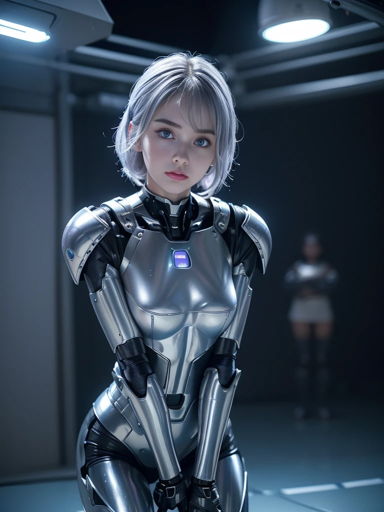 the best ever、8K,(((full body Esbian)))、(((The sheen)))、(((metalic)))、(((Very shiny、Very hard polished iron armor)))、(((cyberpunked)))、The cute beauty of the mecha(Best Quality, Detailed details, masutepiece, , 8K, Chiaroscuro，Great in good shape、Bust photos are ultra-realistic and realistic, Highly detailed Hasselblad RAW shooting )、(((Beautiful and shining natural eyes)))、(((Human skin type)))、（((Highly photorealistic human beings)))、(perfectly round eyes)、(((The details of the iris of the pupil are very amazing)))、(((Shining eyes)))、accurate fingers、Limbs without breakdowns、(((Face of Caucasian 10 year old girl)))、(((Very fair skin)))、Naturally closed mouth、Staring eyes、Natural body、(((a baby face)))、(((Caucasian cool high nose at the base)))、(((Skin types of humane Russian girls)))、(((Very cute female face)))、Feminine body、a small face、(((soft cheeks)))、Looking at the camera、Balanced face、(((drooing eyes)))、(((Beautiful drooping eyes)))、Body with human-like proportions、(((Slightly longer arms)))、(((Slightly longer arms)))、(((long neck)))、Normal shoulder width、((Long below the knee))、(rather long torso)、(((slightly larger hands)))、human face、(((Glowing blue-violet light blue silver hair)))、(((Cool and cute short-cut hair)))、(((The background is the future)))、(((8 Head Body)))、(((Luminescent light purple eyes)))、(((Thin thin silver eyebrows)))、(((Thin eyebrows)))、(((Looking at this)))、(((Gentle face)))、((Background Mecha))、bladerunner、((RoboCop))、Ghost in the Shell、tron、(((Space Detective Gavan)))、Swat、police officers、(((Night background)))、(((No makeup)))、(((Hollywood Science Fiction Movie Lighting))、(((5000 AD)))、Height 1cm、Leg length 82cm、the length of the head is 20 cm、Lung-hsin,Very subtlyＸan legs、(((Cool pose)))、evangerion、Ayanami、(((murky)))、(((Combat readiness)))、Attack Pose、cyborgs、Artificial human、（((Extremely elaborate joints)))、(((Light blue silver eyelashes)))、(((very thin eyebrows)))、(((very brightly colored eyebrows)))、Precise and precise five-fin