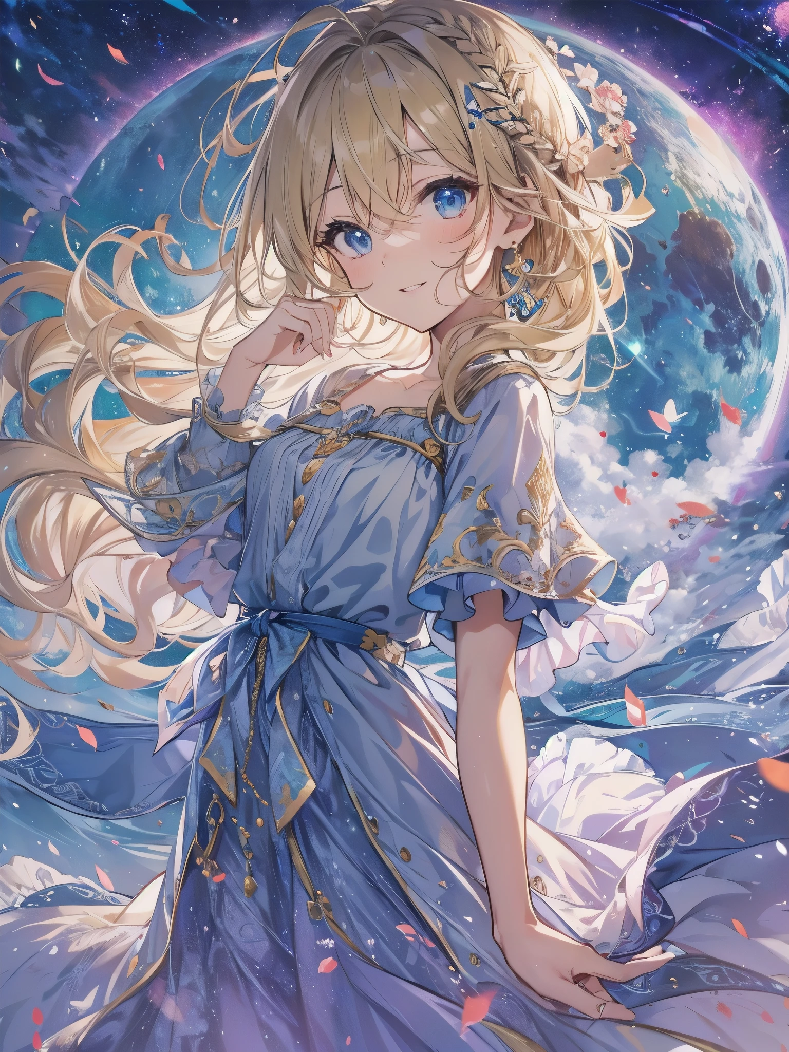 Masterpiece, Top Quality, High Resolution, Super Dimensional Face, Cute Eyes, Very Beautiful Girl in Long Blue Dress Anime Character, One Beautiful Girl, Long Dress, Solo, Blue Dress, (Bob-cut Hair:1.1), Amber Eyes, Gazing, Blonde Hair, ((Hair Fluttering in Wind)), , Medium Chest, Hoop Earrings, Fluttering hair, Night sky, Meteor shower, Fantastic, Phantom moon, Light smile, Dynamic, Fantasy, Otherworldly, Mysterious place