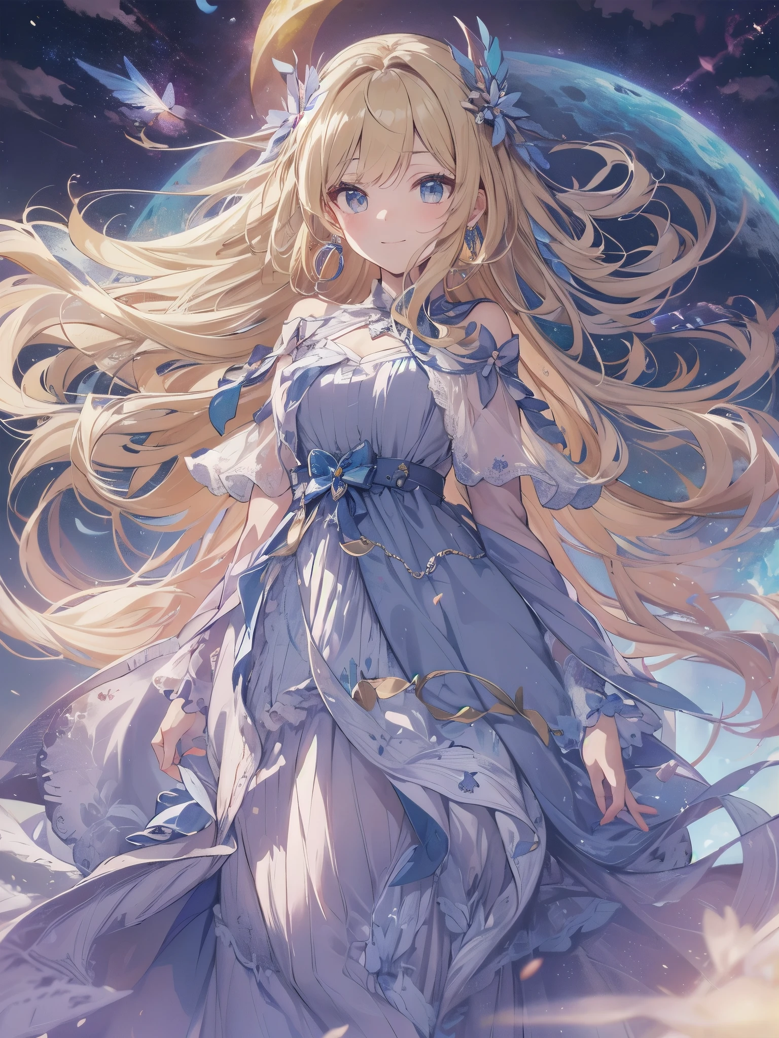 Masterpiece, Top Quality, High Resolution, Super Dimensional Face, Cute Eyes, Very Beautiful Girl in Long Blue Dress Anime Character, One Beautiful Girl, Long Dress, Solo, Blue Dress, (Bob-cut Hair:1.1), Amber Eyes, Gazing, Blonde Hair, ((Hair Fluttering in Wind)), , Medium Chest, Hoop Earrings, Fluttering hair, Night sky, Meteor shower, Fantastic, Phantom moon, Light smile, Dynamic, Fantasy, Otherworldly, Mysterious place
