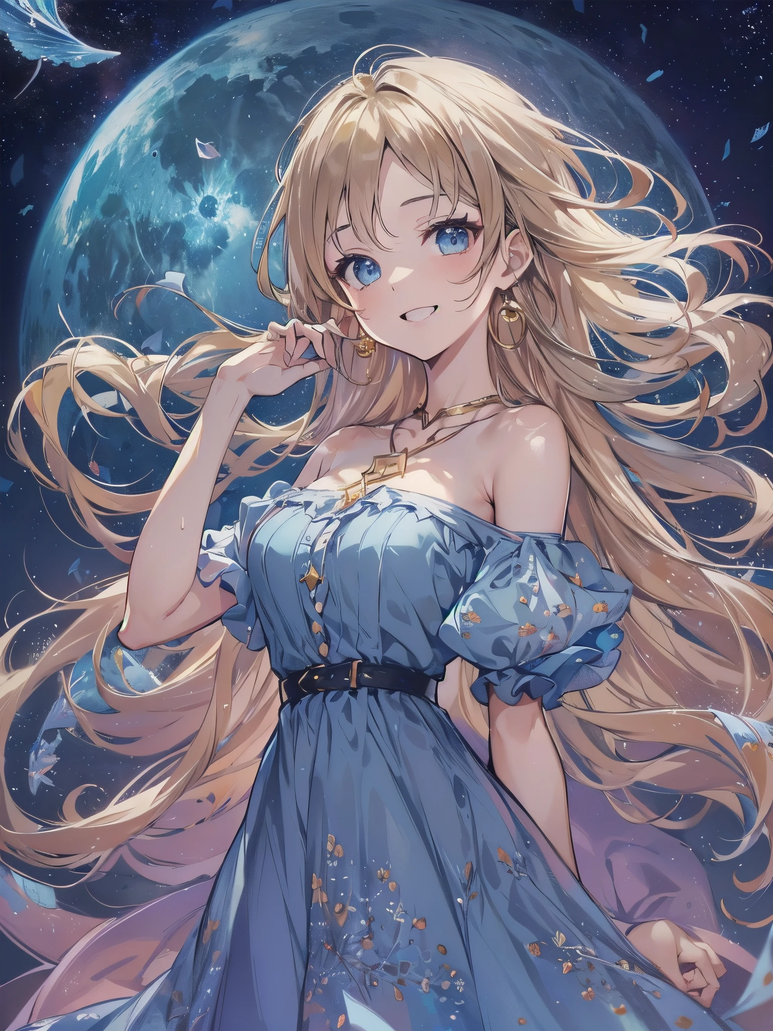 Masterpiece, Top Quality, High Resolution, Super Dimensional Face, Cute Eyes, Very Beautiful Girl in Long Blue Dress Anime Character, One Beautiful Girl, Long Dress, Solo, Blue Dress, (Bob-cut Hair:1.1), Amber Eyes, Gazing, Blonde Hair, ((Hair Fluttering in Wind)), , Medium Chest, Hoop Earrings, Fluttering hair, Night sky, Meteor shower, Fantastic, Phantom moon, Light smile, Dynamic, Fantasy, Otherworldly, Mysterious place

