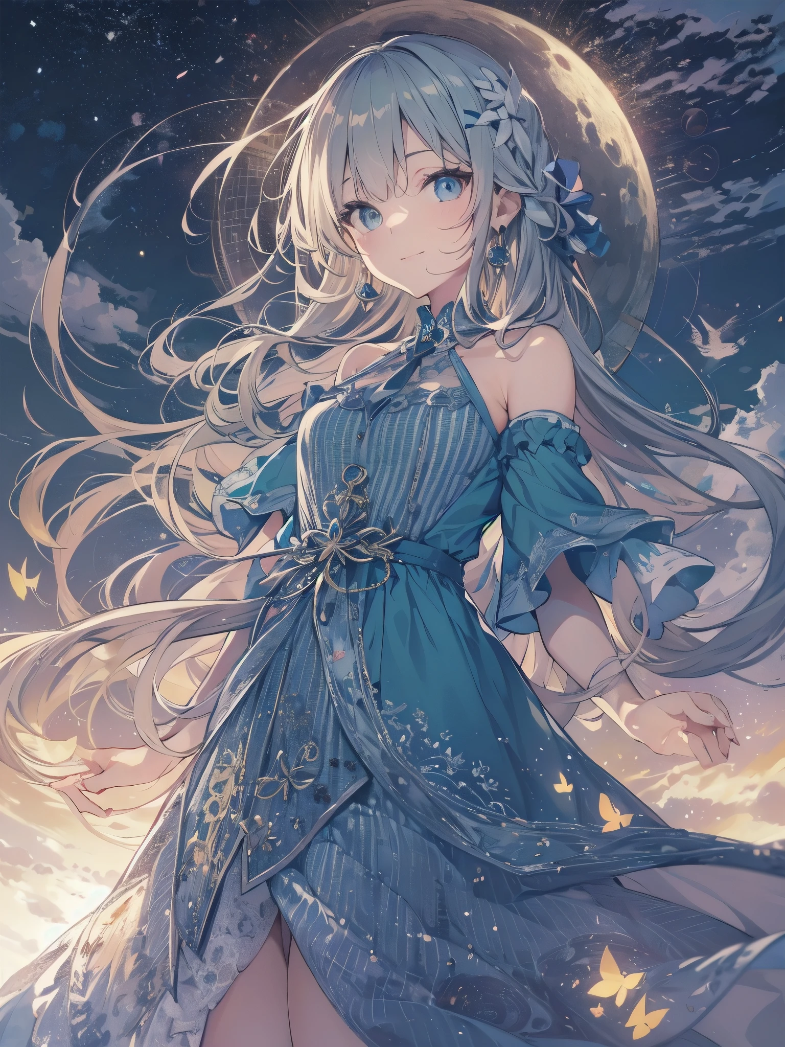 Masterpiece, Top Quality, High Resolution, Super Dimensional Face, Cute Eyes, Very Beautiful Girl in Long Blue Dress Anime Character, One Beautiful Girl, Long Dress, Solo, Blue Dress, (Bob-cut Hair:1.1), Amber Eyes, Gazing, Blonde Hair, ((Hair Fluttering in Wind)), , Medium Chest, Hoop Earrings, Fluttering hair, Night sky, Meteor shower, Fantastic, Phantom moon, Light smile, Dynamic, Fantasy, Otherworldly, Mysterious place
