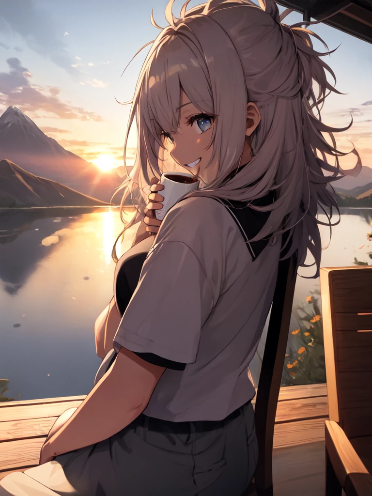 (looking away:1.4),(masterpiece:1.2), (best quality),(ultra detailed),(extremely detailed),(absolutely resolution) ,absurdres,8k, 1girl-drinking-hot-coffee-in-cafeteria-outdoor,sitting-on-the-woody-chair, grin, sunset, from the middle of a mountain, cake, beautiful-landscape-background, mountain, shinny-lake, flowers, windy,
BREAK, ultra detailed eyes, long hair, messy hair, (gradation hair:1.4), tanktops, skirt,