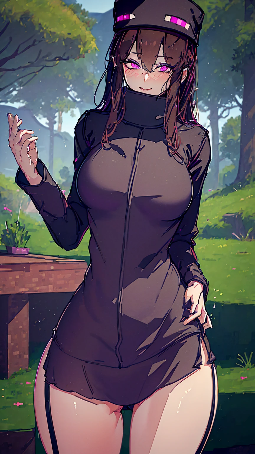 ((high detail, best quality, 4K, masterpiece, HD:1.3)), ((best quality)), (((HD))), (((8k))), (超DH), (ultra HD) A girl with purple eyes minecraft Enderman black top big breasts enlarged breasts full body photo in the forest