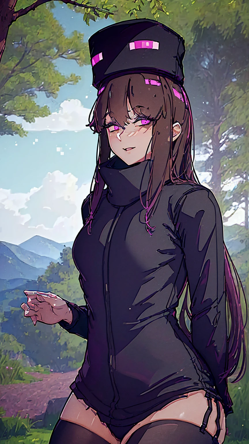 ((high detail, best quality, 4K, masterpiece, HD:1.3)), ((best quality)), (((HD))), (((8k))), (超DH), (ultra HD) A girl with purple eyes minecraft Enderman black top big breasts enlarged breasts full body photo in the forest