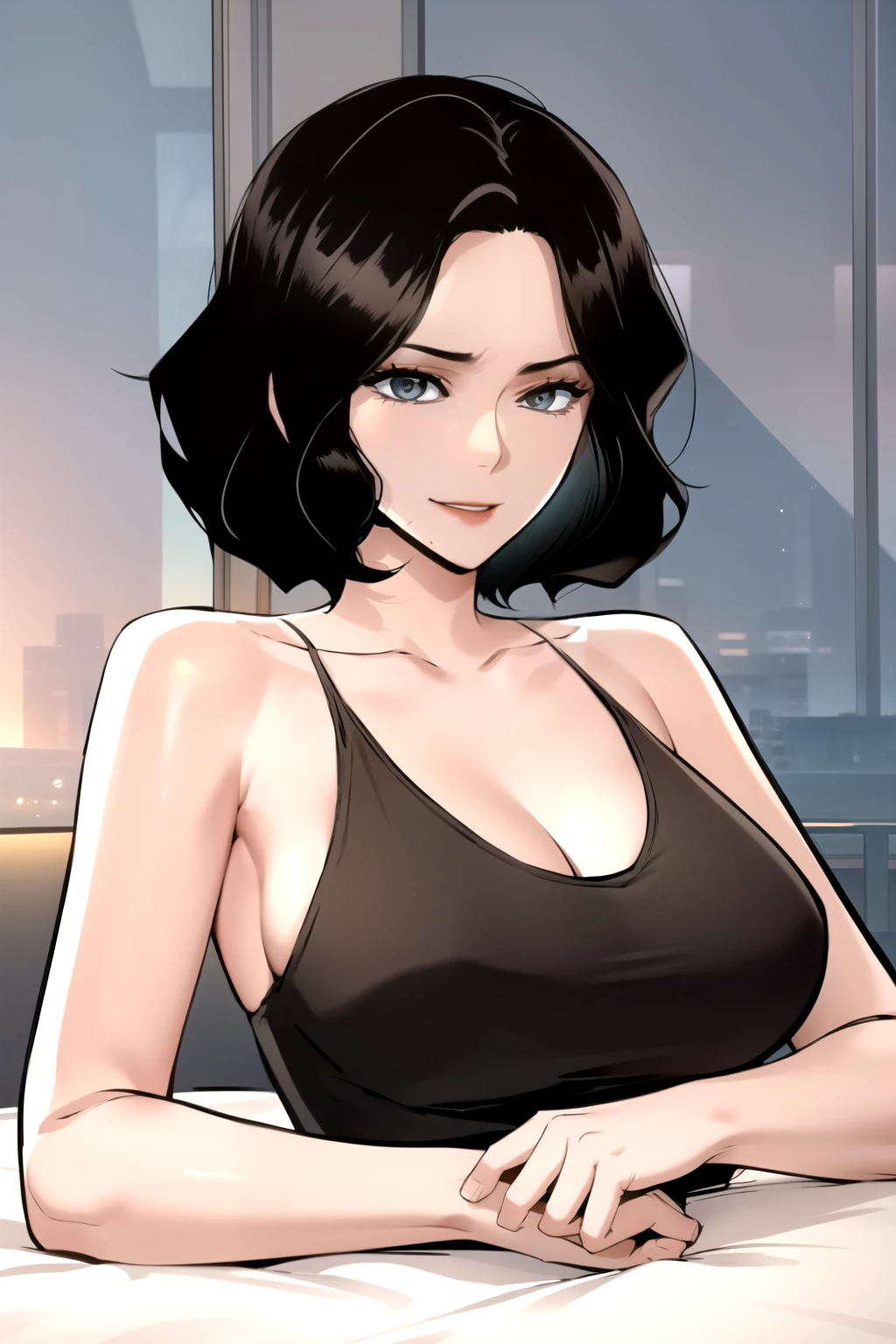 masterpiece, best quality, perfect anatomy, beautiful background, beautiful face, beautiful eyes, full body, shin jiye, 1girl, solo, smiling, sexy, short hair, large breasts, black hair, lying down on bed,wide hip, legs crossed, collarbone, mole, lips, red tank top, mole under mouth, deep neckline, close up breasts, from side, looking at the viewer