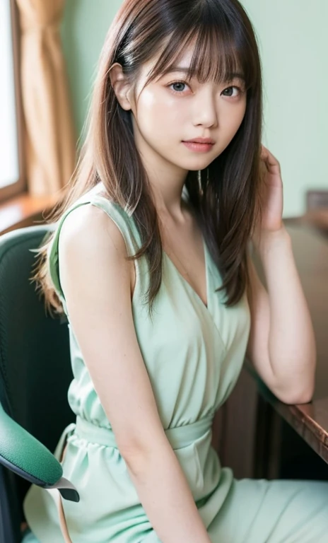 masterpiece、highest quality、16K、ultra high resolution、UHD,Depth of the bounds written、very detailed、soft light、professional lighting、Pale shading、Weak contrast、Japanese、beautiful girl、slender woman、Smooth, silky skin、clear white skin、daytime office、Window seat、sitting in front of the computer、A pale mint green suit that hugs her breasts、(smooth and beautiful thighs:1.6)、(small breast:1.0)、flat chest、Childlike breasts、small areola、small nipples、beautiful nipples、Cherry-colored nipples、white breast、fine and beautiful eyes、(hanging eyes)、(thin eyebrows:1.0)、(thin lips:1.0)、natural makeup、natural color lip、gentle smile、(floating hair、long wavy hair、high ponytail),(The bangs are see-through bangs)、