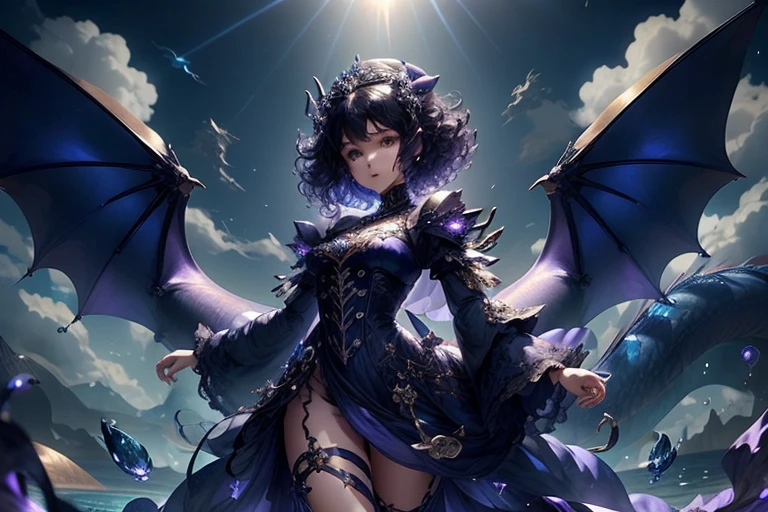 Fantasy,Girl,ager,Floating in the sky,Put your right hand forward:1.8,Purple clothes,short hair,Curly hair,Black Hair,Spiky Tiara,A huge dragon face behind:1.5,Dragon Breath,Full body view,blue sky,sky,cloud,Morning Sun