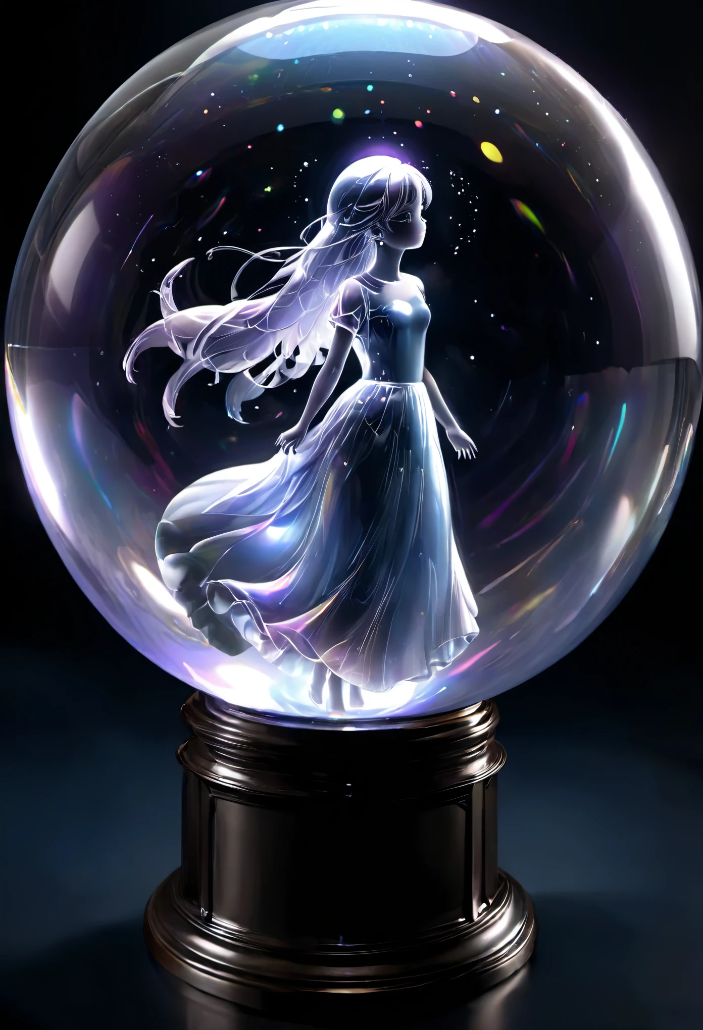 ((((masterpiece, best quality, ultra detail, very_high_resolution, large_filesize, full color)))), One Girl, It's in a glass ball, The glass ball is shining, The girl is also shining like a fairy., The dark background makes the glass balls stand out.