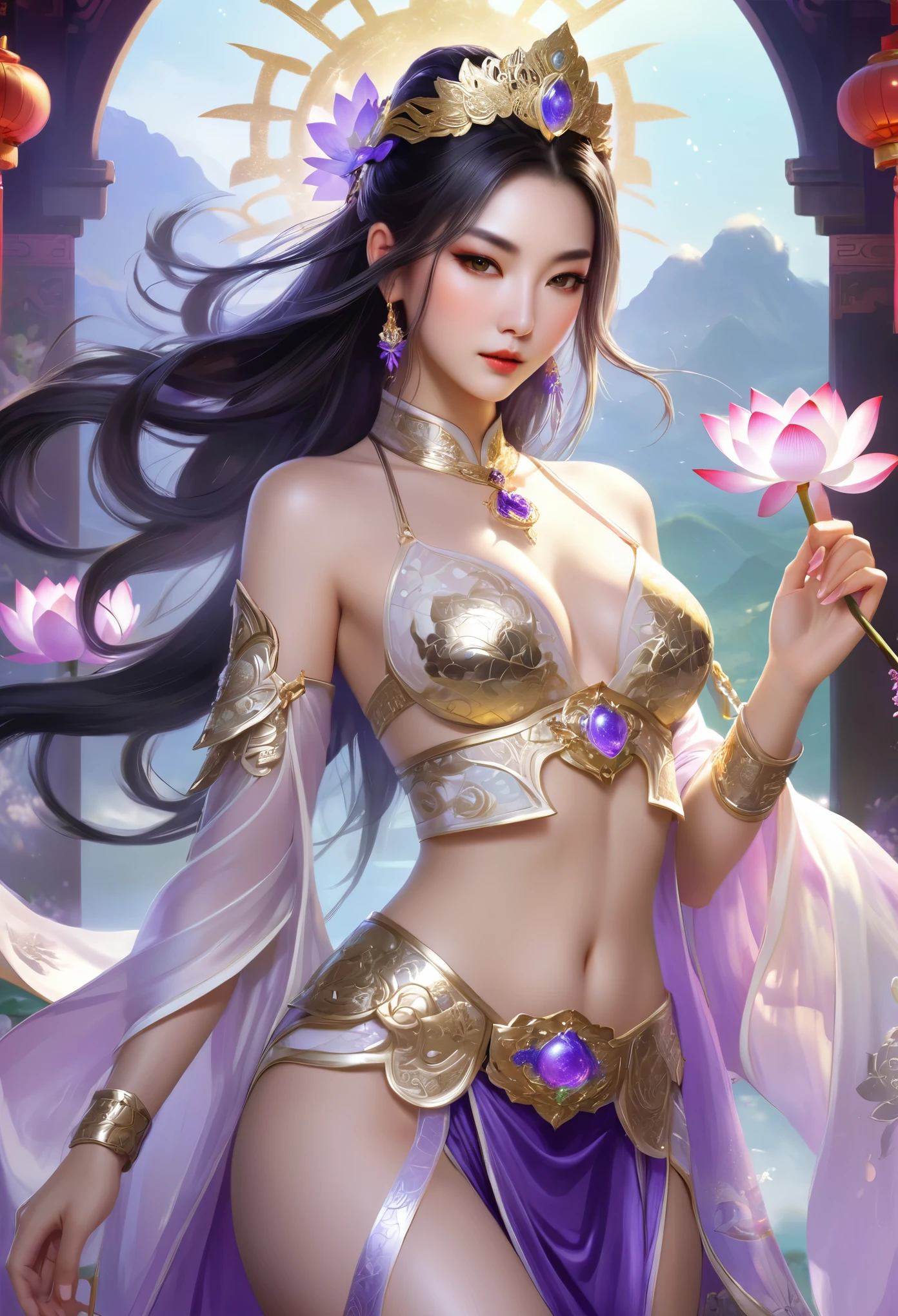 a close up of a woman in a sexy transparent white gold low-cut lace armor cleavage small breasts with a lotus flower in her hand, head jewelry, violet necklace, jade belt , toned abs, a beautiful fantasy empress, ((a beautiful fantasy empress)), beautiful celestial mage, beautiful character painting, full body xianxia, portrait knights of zodiac girl, by Yang J, g liulian art style, fantasy art style, foreshortening