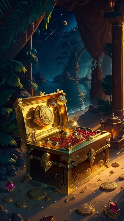 Picture a treasure chest, half-buried in the soft, golden sands of a secluded beach. The chest, adorned with intricate engravings and ornate designs, catches the early morning sunlight, making the gold shine brighter than the stars. Inside the chest, there is a treasure beyond imagination, a hoard of wealth and beauty. Gold coins, some tarnished with time, others gleaming with freshness, spill out in mounds. Gems, rubies the size of pigeon eggs and emeralds as vibrant as the lush jungle, glint and sparkle among the coins. In the distance, the sun begins to rise, casting long shadows over the golden