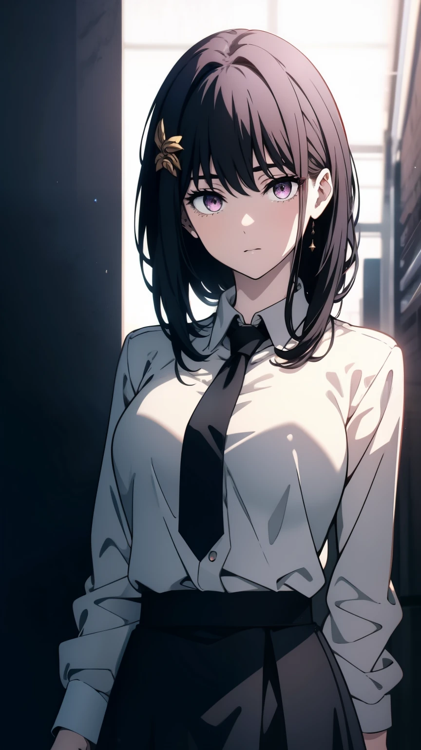 Masterpiece, Realistic, 4K, high quality, Kawaii, Cute, 1 girl, solo, Black Long hair, Half grown hair, bangs, hair ornament, Violet eyes, close view, from adove, serious, Night in road city, 18 years old, teen, Academy uniform, short black skirt and panythose, Medium breasts, Walk on hallway, BREAK half body with Background style lora, natural view, (City lighting.1:0), (Realistic light.1:0)