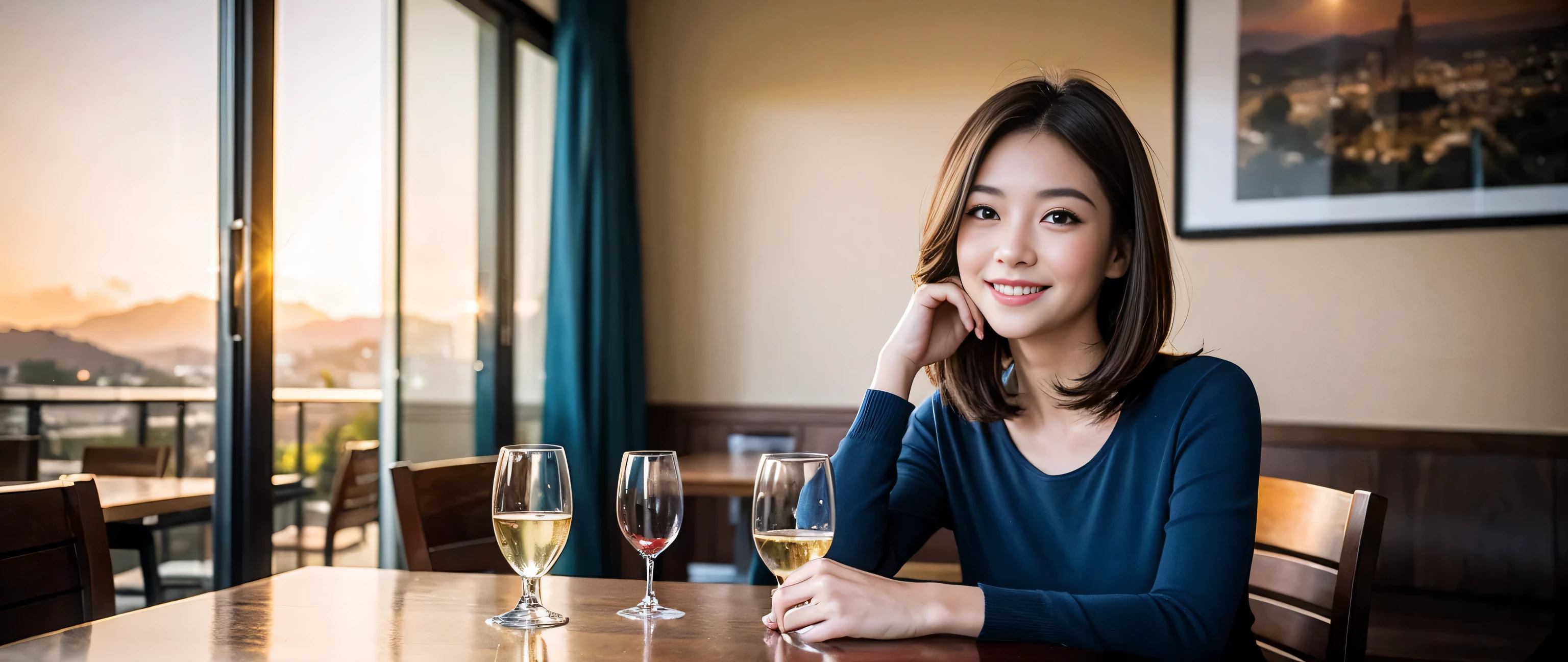 ((highest quality、8k、masterpiece:1.3))、Sharp focus:1.2、Beautiful woman perfect body:1.4、Slim body、((Bob Hale、Straight hair:1.2))、(to be born, highest quality, masterpiece:1.5), (Realistic, Intricate details:1.2), Ultra-high resolution, shine a light on your face、Spectacular view of the sunset sky and clouds、Amazing mountain views、A bright smile、wine glass、red wine 、Appetizer、Italian food、Wine bottle、Champagne、sparkling wine、, Beautiful Face, blue eyes, The light shines on your face, Blushing, short hair,Bright Face、Fox face、 (36 years old), 34 years old, Lady、Two beauties、brown hair、Shortcuts、Long sleeve shirt、dress、Pretty Woman 1, (slim face), (The body is slim), (brown hair), (Shortcuts), cheeks turn a little red,charming beauty、, Out of the window, A beautiful and detailed night view unfolds.........., restaurant, In a prominent place (From the waist up) Nova Frog Style, actress, model, Upper Body, White wine, slim, wine glass, A wine glass placed in the middle, smile, (smile: 1.15), Beautiful fine grain, Depth f/2,saturation, High Contrast, Strong light and shadow,Moist Body:1.5、3D texture、Delicate eyes、brown hair、The hair is very shiny、