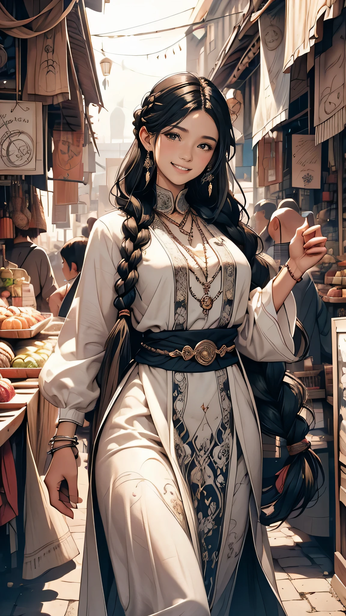 A detailed of a girl with long black braided hair, smiling, wearing a black and white flowy garment, navigating a bustling market in a medical fantasy world, intricate line work, fantasy elements incorporated subtly in the background, vertical composition