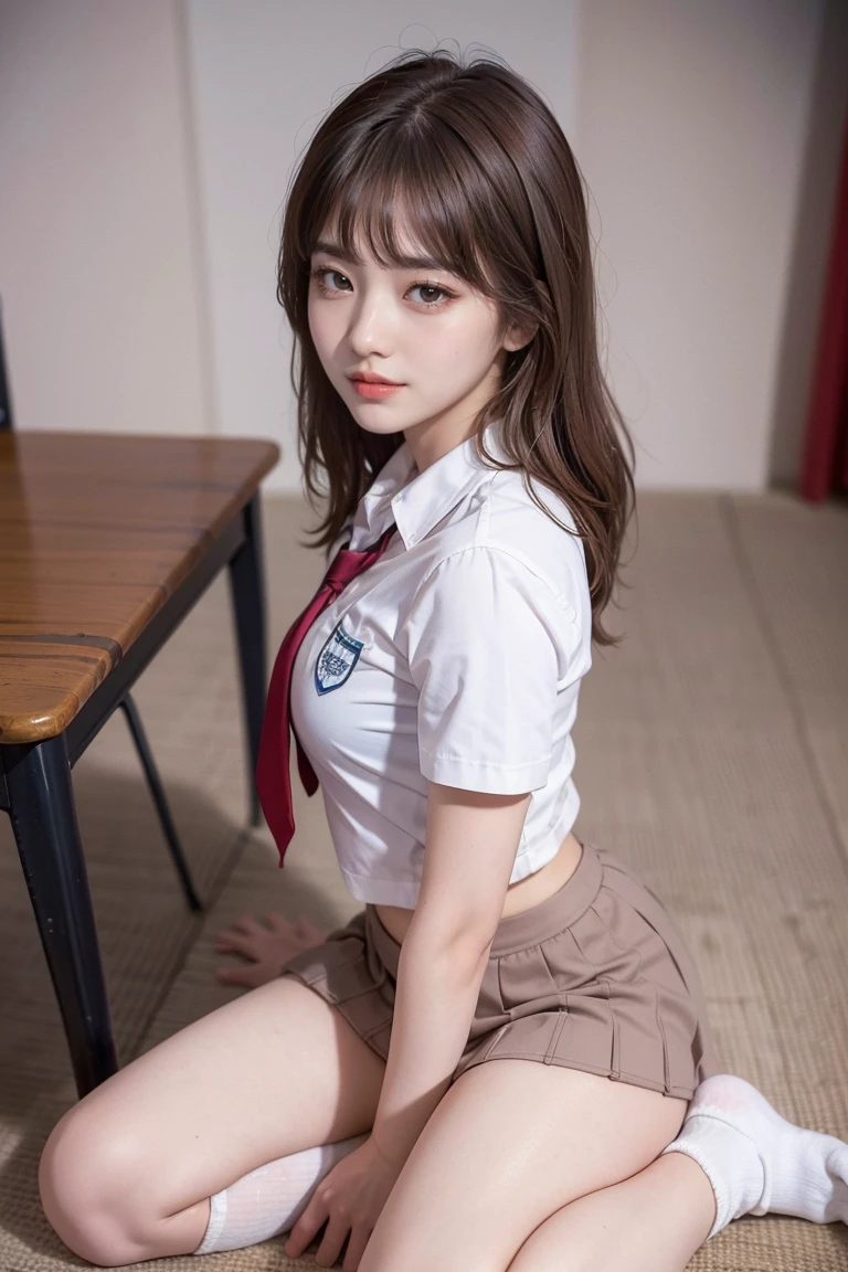 (8k), (highest quality: 1.2), (Realistic), (Realistic: 1.67), 超High resolution,Gal, (Anatomically correct),masterpiece, highest quality, RAW Photos, Beautiful girls, cute like an idol, smile, Written boundary depth, High resolution, 超detailedな, detailed, extremely detailedな顔, Realisticな学生, Cinema Lighting, (Brown skin color:1.2),alone,woman,(school uniform:1.2),Loose white socks,Medium Shot,(Thighs:1.2),(From the side:1.2),(From above)
