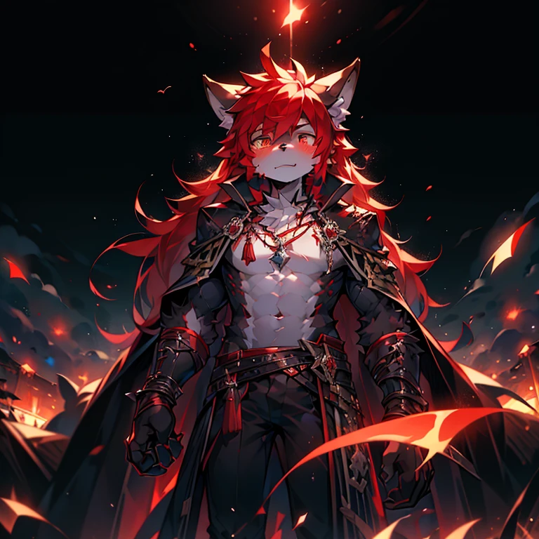 youth,Shota,Red hair ,male, masterpiece, high resolution,8k,Detailed background,high quality, boys,Looking at the audience,view,Front view,male焦点,Wolf'Facial features.. Red and black mechs.surrounded by lights,in the style of futuristic,Starry Sky,hairy, 变色龙战场中的一匹Wolf., Fighting with swords on battlefield at night......... Black dragon tattoo on left arm, Blood Moon. The body is that of a little man........, God of Death and Terror, The god of nightmares holds a black katana,Blade Red,Bloodstained....... German soldiers', Black cape