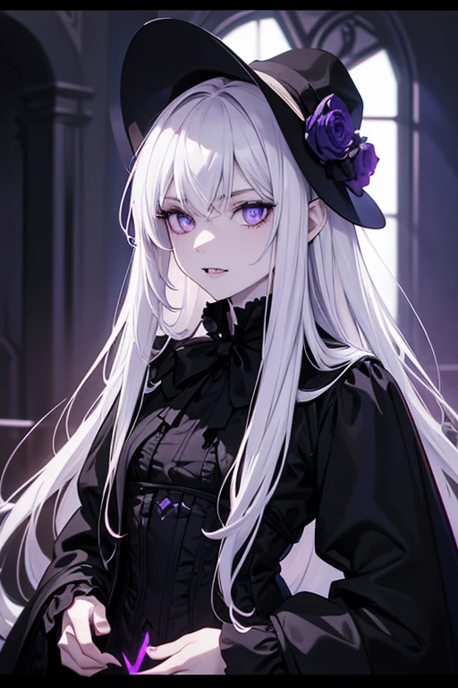 Victorian vampire award-winning RAW color photo of the night ominous dark omen, mist, moonlight, Vivid and charming eyes, Pale skin, (White long hair)+light purple eyes, Shallow and deep, High contrast, Backlight, Bloom, Chromatic Aberration, Smooth, Sharp focus, Shoot with a mirrorless camera，Fangs