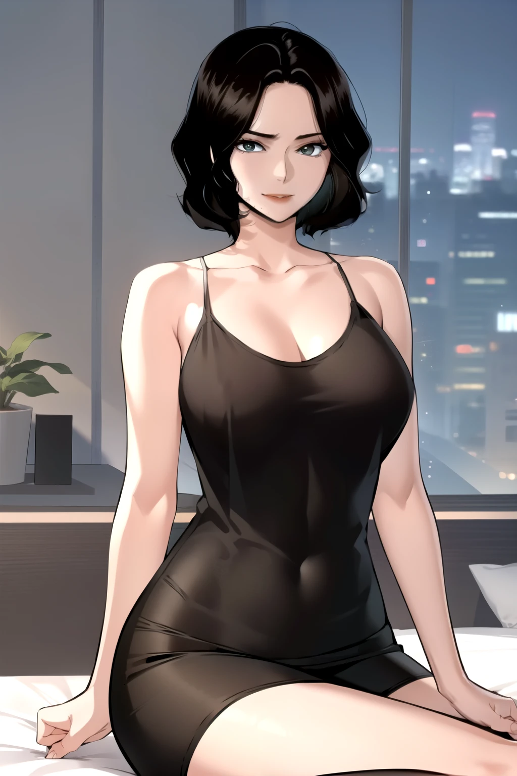 masterpiece, best quality, perfect anatomy, beautiful background, beautiful face, beautiful eyes, full body, shin jiye, 1girl, solo, smiling, sexy, short hair, large breasts, black hair, lying down on bed,wide hip, legs crossed, collarbone, mole, lips, tank top, mole under mouth, deep neckline, close up breasts, from side, looking at the viewer