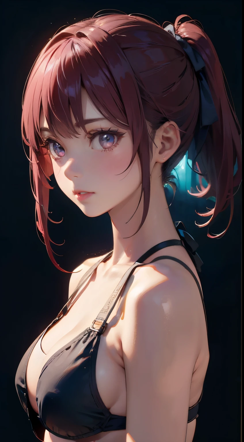 Old body portrait of a beautiful girl、Delicate、detaileds、masterpiece、Real Stick、3D background、Backgrounds with depth、Realistically exaggerate changes in material texture、Exaggeration of gloss、The best transcendental virtuosity、ponytail、pink hair color、swimsuit、bikini