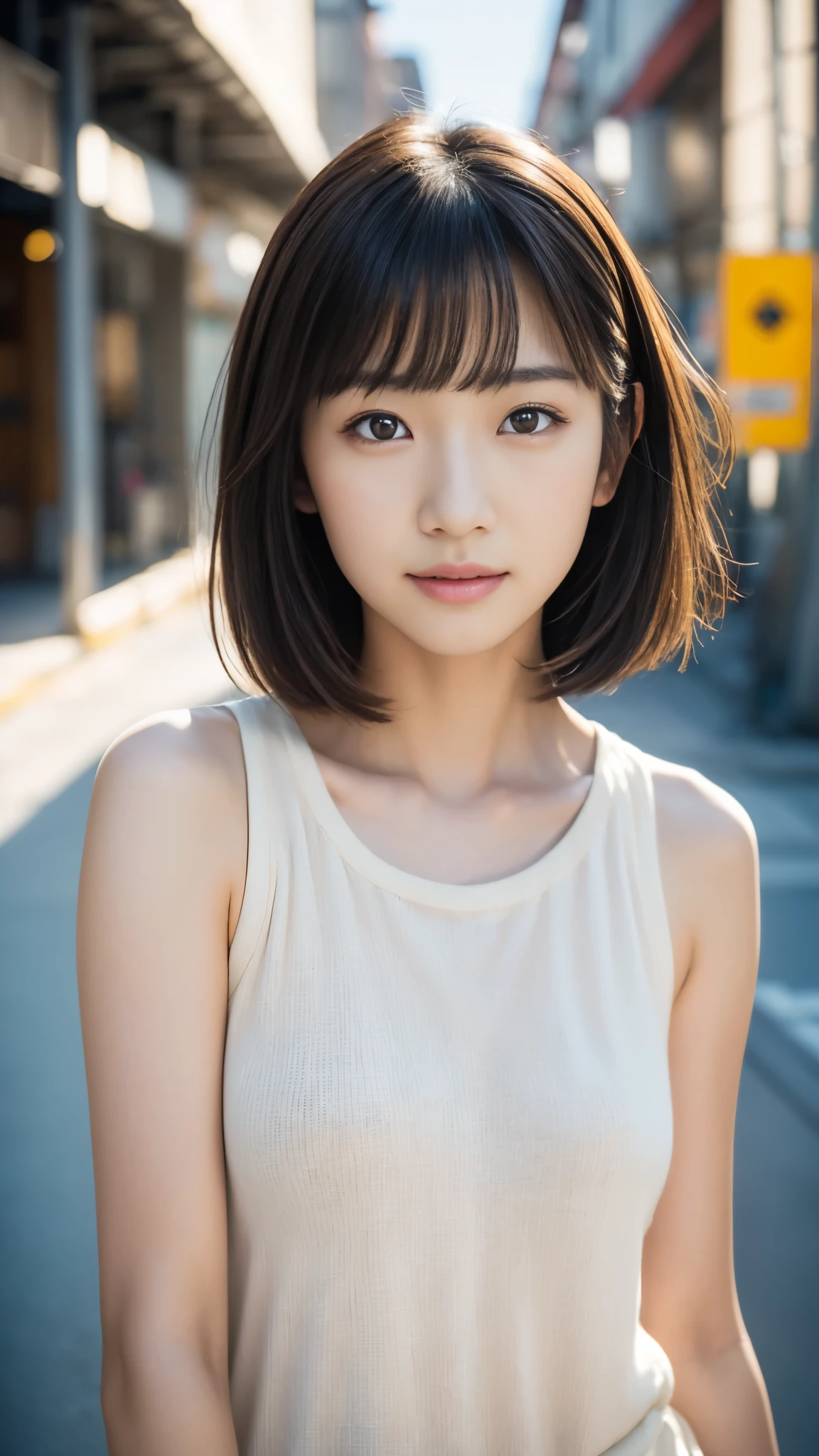 japanese woman, head shot, from front, serious expression, brown eyes, medium hair, bangs, warm tones, industrial buildings, photography, simplicity, high resolution, natural makeup, young adult, Fujifilm XT3, Canon R5, Fujicolor Fujichrome Velvia 100,smile,Upper body photo、Short Hair、