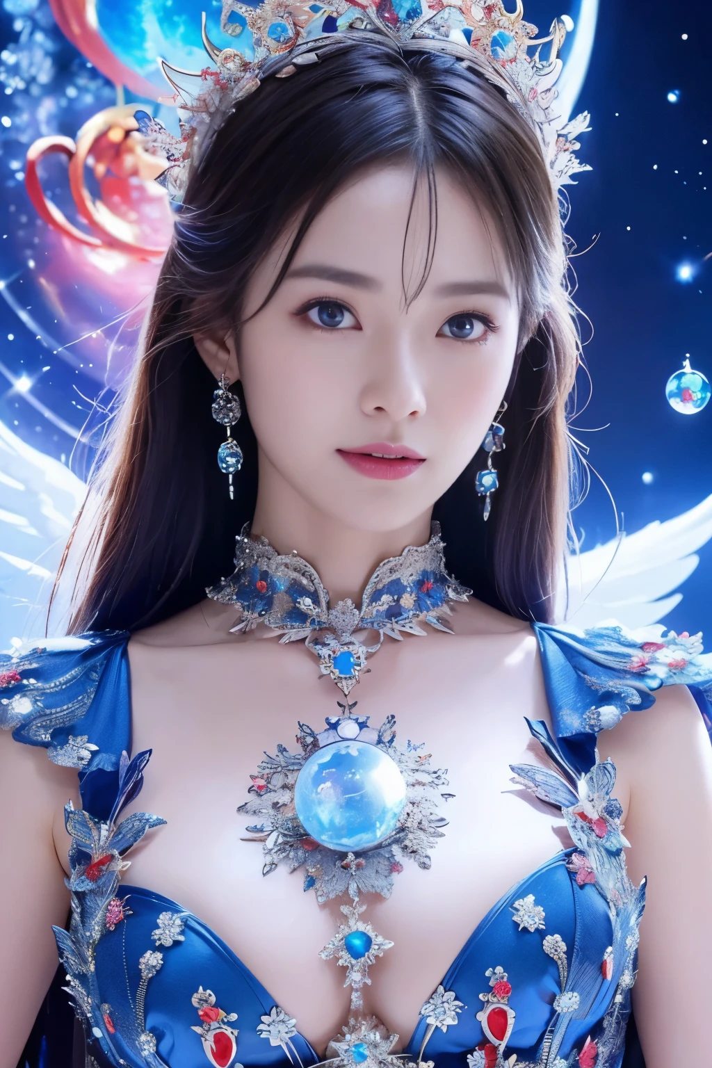 Witch woman，revealing clothes，nsfw、Ion Rainbow，Blue Crane，Dressed in blue, red and white princess dress，Upper body close-up，Close-up photo，jewelry，Exposed big breasts、Vision of Heaven and Earth，Magic crystal ball，The background is the Milky Way，solar system、