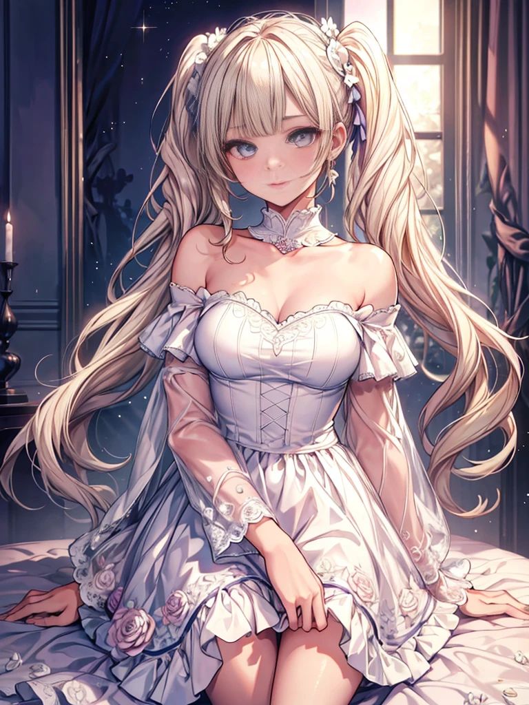 masterpiece, highest quality, High resolution, SA1, Floral Off-Shoulder Dress, sparkling eyes, false eyelashes, Platinum Blonde Twin Tails, Cute atmosphere, Rose,