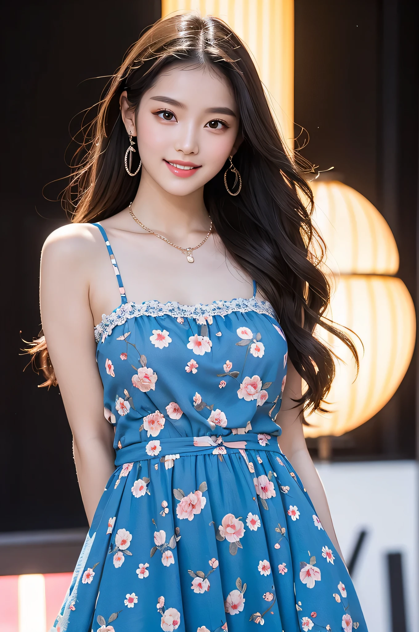 22-year-old girl has a perfect face, right hand and hair, Cute floral dress, Slim and plump body. Skin with delicate eyes (1.1 emphasize), Very detailed skin texture (1.1 emphasize). Thin necklace, Model photo style, Reality, The skin texture is a real human skin texture, Fine skin pores, Intricate details, The eyes are very detailed, polka dot dress, Given by the group, Given by the group colorful!!!、! dream Given by the group, highly detailed Given by the group, from knee up, Attractive and sexy, Smile, Stage lighting information beautiful and confident,full-body shot