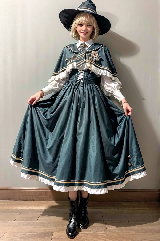 best quality, masterpiece, realistic, photorealistic, 1girl, solo, looking at viewer, full body, cyb dress, collared shirt, long sleeves, necktie, capelet, frills, badge, long dress, high heels, witch hat, simple background, Beautiful ,Super high quality, super high definition, super detailed, masterpiece, 20years old, female, cute, perfect face, beautiful, nice body, necklace, bracelet, knee-high socks, boots, double eyelids, tear bags, Detailed down to the fingers, photo-like description, indoors, dim indoor lighting, blonde hair, short bob, standing, whole body, composition that shows the whole body, smiling