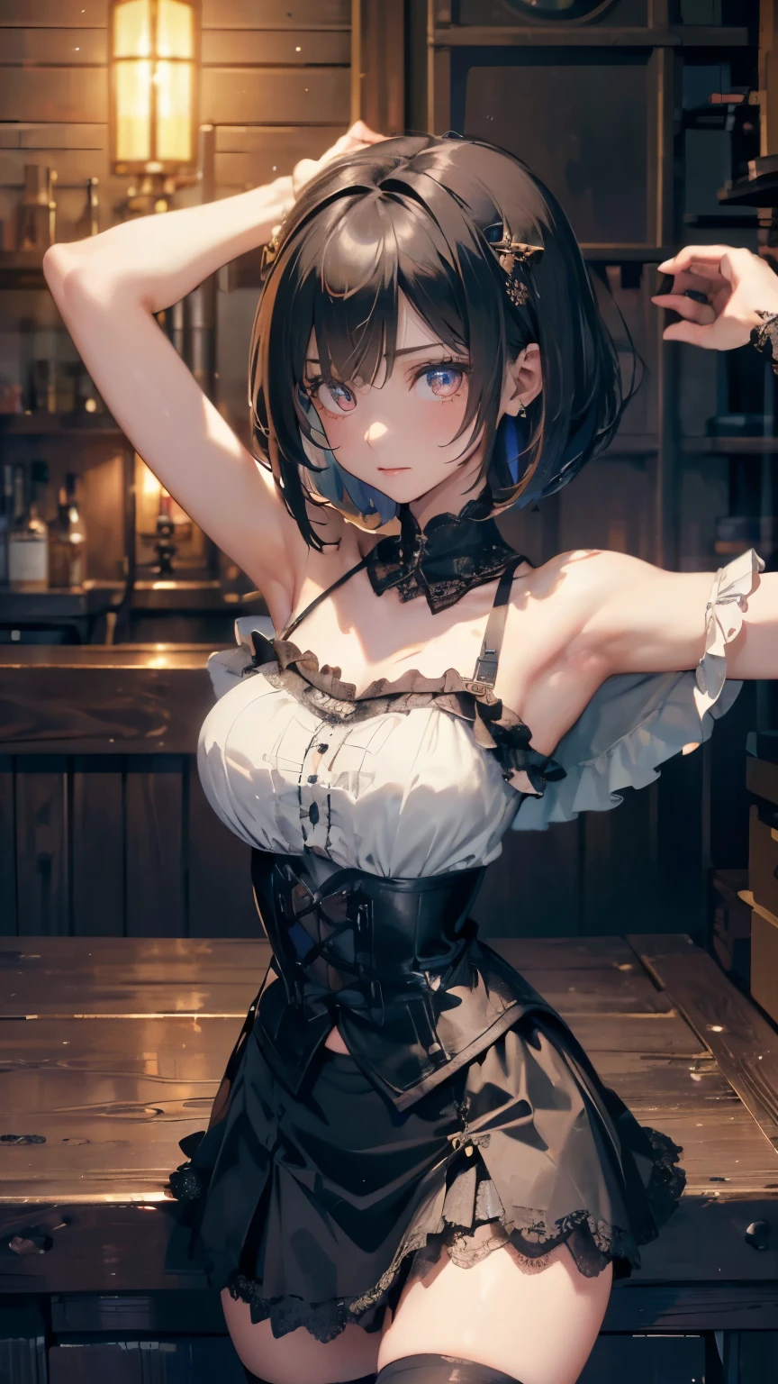 (((masterpiece, highest quality, Super detailed))), 1 female, (((very thin body))) , (((length, thin legs))), (((black short bob, thick and fluffy bangs ))), (((highly detailed face))), No cosmetics, small and thin nose, thin mouth and small lips, (((Very sharp focused eyes))), Precise pale gray eyes with large slits, shine like a jewel, length eyelashes, ((Highly decorative and complex mechanical steampunk fashion, Lace Flare Mini Skirt, above the knee lace stockings, Lace Off Shoulder Lolita Fashion, Overly decorative fashion)), Abandoned Night, Complex mechanized steampunk factory catches fire、explosion, (((Overall accuracy has been significantly improved, creating a Super detailed and realistic image))), super realistic photos., ((15 year old girl, slim, thin waist, thin thighs, thin arms)), ((raise your arms, Please show me your armpits))