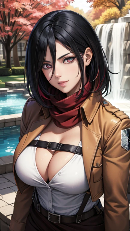 (masterpiece, best quality, glowing light, glistening, shiny skin, ultra detailed, detailed background, complex background),(perfect face, detailed face, detailed eyes, perfect hands, perfect fingers), (large boobs:1.2,smile),(mature female:1.4),cowboy shot, thicc, big breast, cleavage, black hair, MILF, head to feet shot.
mikasa_ackerman, ((gradient hair)),multicolored eyes, gradient eyes, (glowing eyes:1.5), mascara, (fashion make up), parted lips, scarf, jacket, thigh strap, bikini and bra, belt, emblem, three-dimensional maneuver gear, red scarf, boots, dual wielding, training corps (emblem)
((park, fountain, leaves in the air, wall, autumn, trees)),((super detailed background)), dynamic poses, ((8k wallpaper)),
