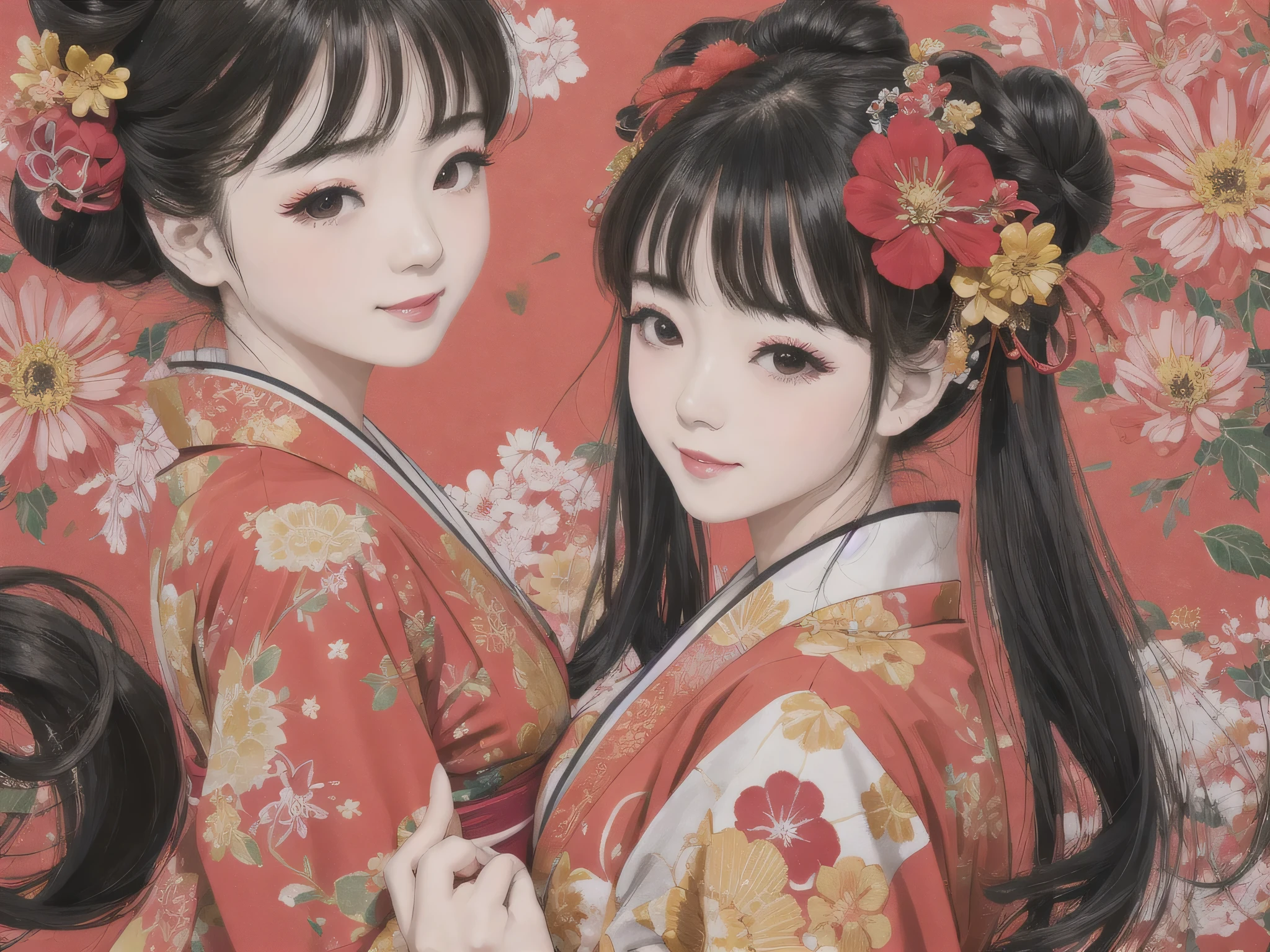 Each has a different expression2People and sisters、(2 girls)、⦅Dancing traditional arts with grace)、((Big Breasts、Small Face、Not exposed))、highest quality、masterpiece、(Black Hair、Bun Hair)、Brown Eyes、⦅Wide angle、Angle from above the waist、Pause on the magazine cover、Each person has a different perspective when looking into the distance⦆、(8K high quality、masterpiece、High resolution、Realistic and beautiful light and shadow、(highest quality)、(High Resolution)、(Very delicate and beautiful)、(Beautiful 8k face)、(Smiling and closing your eyes、Beautiful eyes)、(Clear skin)、(Soft hair)、(8Head to Body)、(A Japanese style yukata kimono with red, pink and orange floral patterns on a white background, interspersed with gold powder、Wearing a yukata2Beautiful Japanese girls)、((Tanabata decoration background))、((Small Face))、(arms up)、Thin and small nose、(Red lipstick)、(Make your cheeks red)、(Glossy skin)、((Ink painting style))、Very thin eyebrows、Overall ultra-high image quality、(She is wearing maiko-style makeup.)、Whitening、Long and beautiful eyelashes、Glowing Skin、(Red cheeks),Straight nose、masterpiece、highest quality、whole body、 Eyebrows visible through hair、Bun Hair、Grin、Gal、Kogal、Viewer's Eyes、Plaid、Stylish、woman、fine、Pause、
Waiting to start