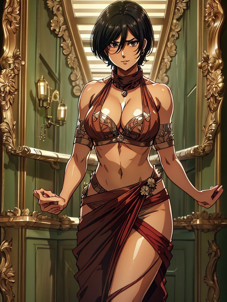 (8k, RAW photos, minino:1.1) ,female,(looki at viewer company),cowboy lens,Japanese,mikasa ackerman / (attack on titan\),(fullbody saree:1.1),La Brett Piercing,cleavage,((( saree))),seductive smile,Be red on the face, full body photo, standing, lean, muscular legs, muscular belly, short hair, black hair, brown eyes, medium breasts, Professional lighting、photon mapping、physics-based rendering、dark theme,wearing wifs, jewellery and necklace, alone, extreme high quality, legs covering saree