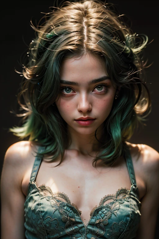 ((best quality)), ((masterpiece)), (detailed), perfect face super details face eyes perfect body 22yr old girl , Al buje khlifa buliding background, green hair full body portrait perfect dress 
