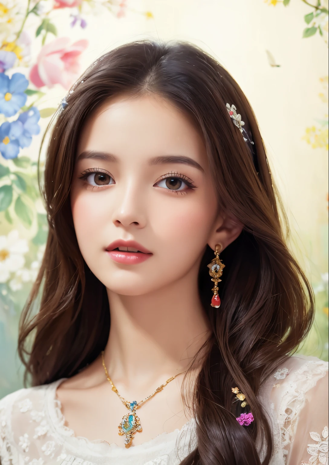 collection of artistic portraits,time travel experience of a young girl, oil paintings, vibrant colors, fine brushstrokes, high-resolution details,bright lighting, intricate lace dress, delicate jewelry, confident expression, elegant hairstyle, lively background, exquisite floral arrangements, artistic composition. draw cartoon style