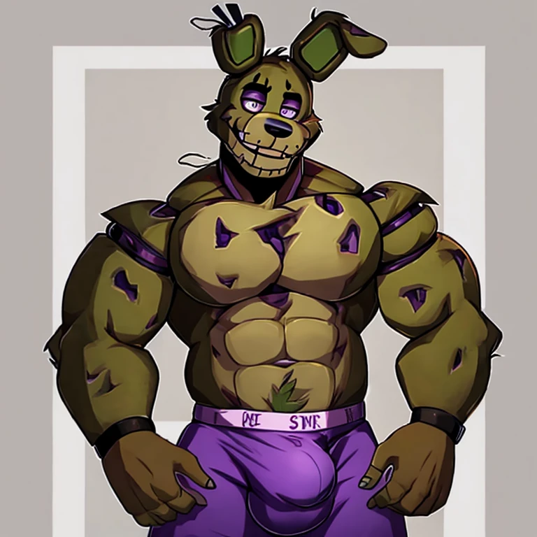 Springtrap FNAF / Five Nights at Freddy's, best quality, handsome, Smiling, mouth open, holding glassess, cool pose, purple casual shirt, muscular, large bulge in underwear, blue underwear