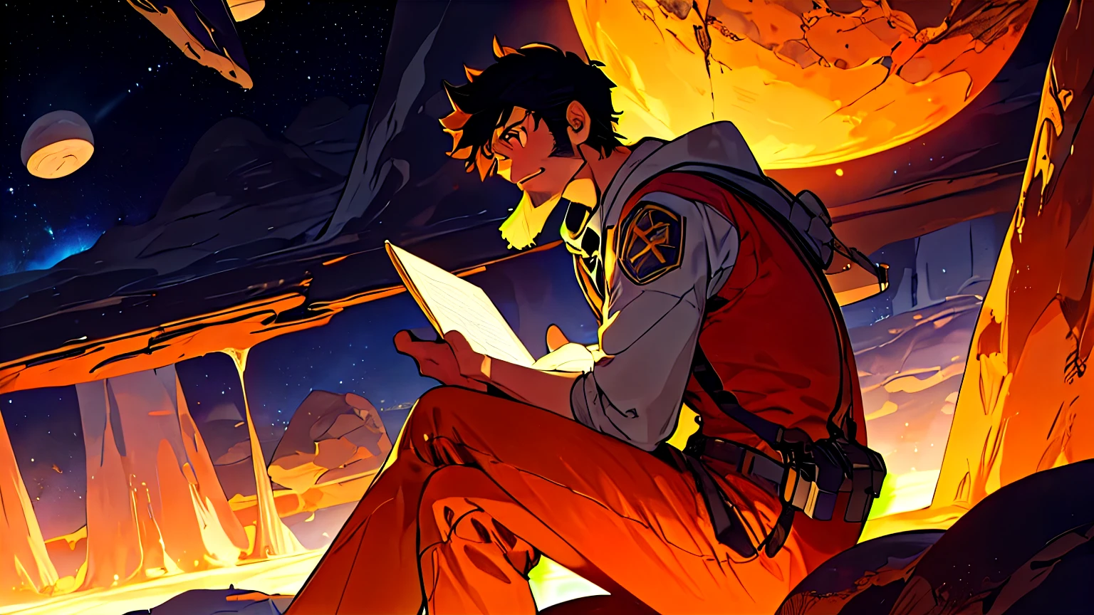 Draw a young programmer, sitting on a research platform floating in the middle of an asteroid belt. He is studying with a notebook, surrounded by several asteroids glowing with fiery auras. Dramatic lighting from distant stars and planets illuminates the scene, casting deep shadows on the suit. The young man looks confident and determined, looking at the vast and mysterious universe with wonder and respect,facial hair, cowboy shot,