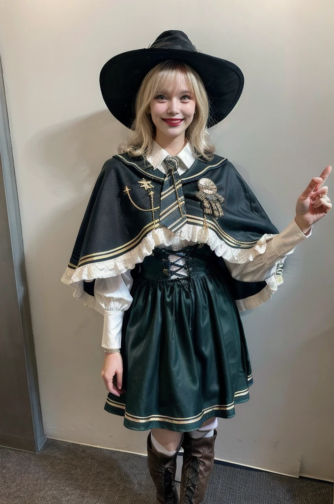 best quality, masterpiece, realistic, photorealistic, 1girl, solo, looking at viewer, full body, cyb dress, collared shirt, long sleeves, necktie, capelet, frills, badge, long dress, high heels, witch hat, simple background, Beautiful ,Super high quality, super high definition, super detailed, masterpiece, 20years old, female, cute, perfect face, beautiful, nice body, necklace, bracelet, knee-high socks, boots, double eyelids, tear bags, Detailed down to the fingers, photo-like description, indoors, dim indoor lighting, blonde hair, short bob, standing, whole body, composition that shows the whole body, smiling