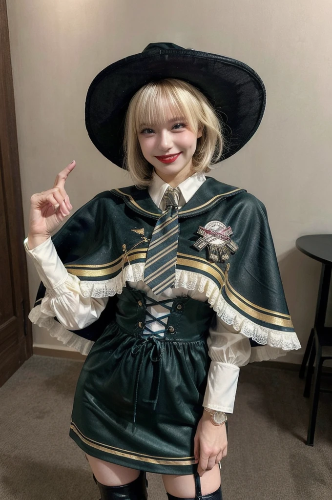 best quality, masterpiece, realistic, photorealistic, 1girl, solo, looking at viewer, full body, cyb dress, collared shirt, long sleeves, necktie, capelet, frills, badge, long dress, high heels, witch hat, simple background, Beautiful ,Super high quality, super high definition, super detailed, masterpiece, 20years old, female, cute, perfect face, beautiful, nice body, necklace, bracelet, knee-high socks, boots, double eyelids, tear bags, Detailed down to the fingers, photo-like description, indoors, dim indoor lighting, blonde hair, short bob, standing, whole body, composition that shows the whole body, smiling