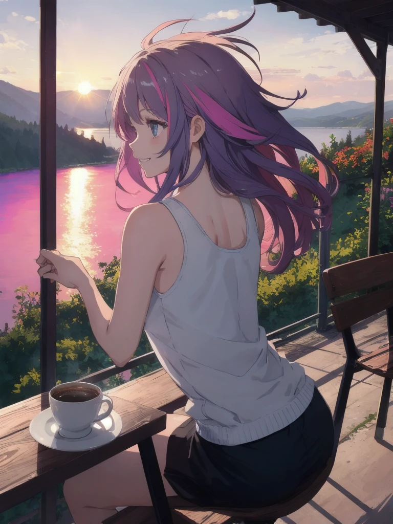 (looking away:1.4),from behind, (masterpiece:1.2), (best quality),(ultra detailed),(extremely detailed),(absolutely resolution) ,absurdres,8k, 1girl-drinking-hot-coffee-in-cafeteria-outdoor,sitting-on-the-woody-chair, grin, sunset, from the middle of a mountain, cake, beautiful-landscape-background, mountain, shinny-lake, flowers, windy,
BREAK, ultra detailed eyes, long hair, messy hair, windy, (gradation hair:1.6), tanktops, skirt,