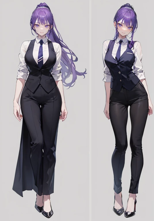 ((Perfect Face)),Purple Hair,A neat long ponytail,1 female,bartender,suit,Black vest,Shirt with rolled up sleeves,tie,slit,High heels,Stand with your feet shoulder-width apart,beautiful posture,standing tall,,((Simple Background)),smile,((whole body)),((Full Body)),((full body)),Portraiture,virtual,upright,,((Both arms are down)),Standing upright with face and body facing forward,